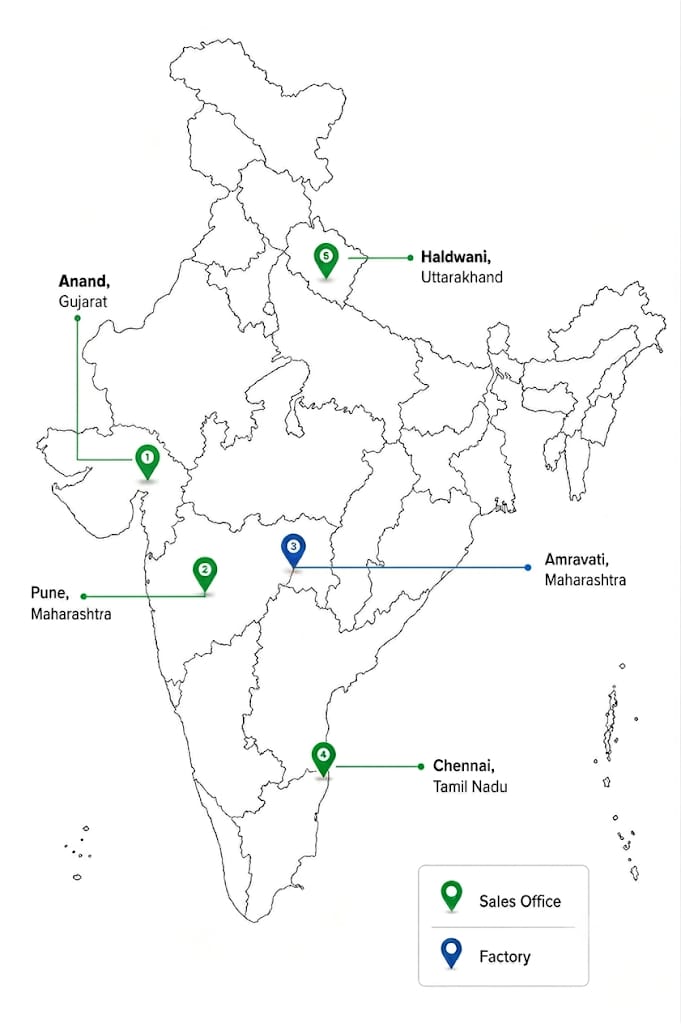 Map of India marking Calvion Technologies' sales network across West, Gujarat, South and North Offices